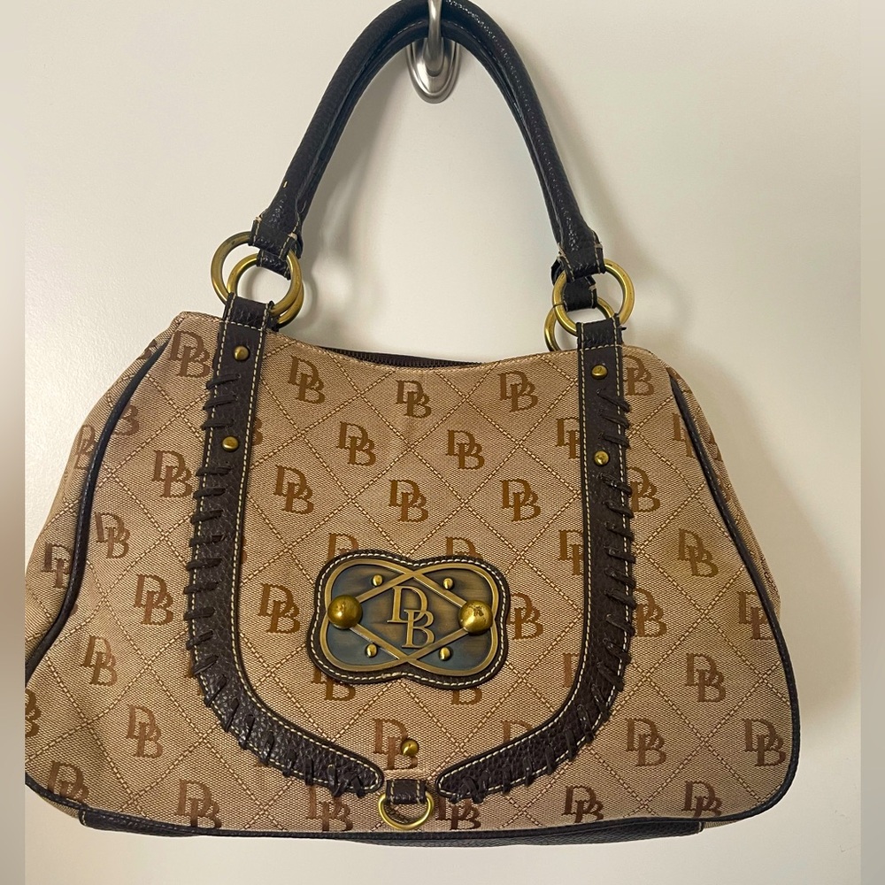 Vintage Dooney & Bourke Brown Leather and Canvas Monogram Logo Print  Purse